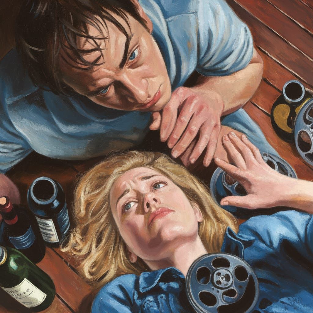 Sad Woman with Wine and Film Reels: Oil Painting