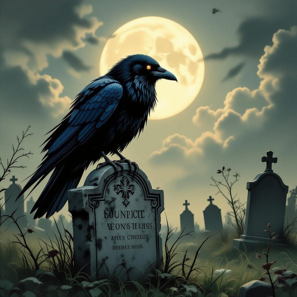 Gothic Raven in Cemetery, Mystical Dark Art