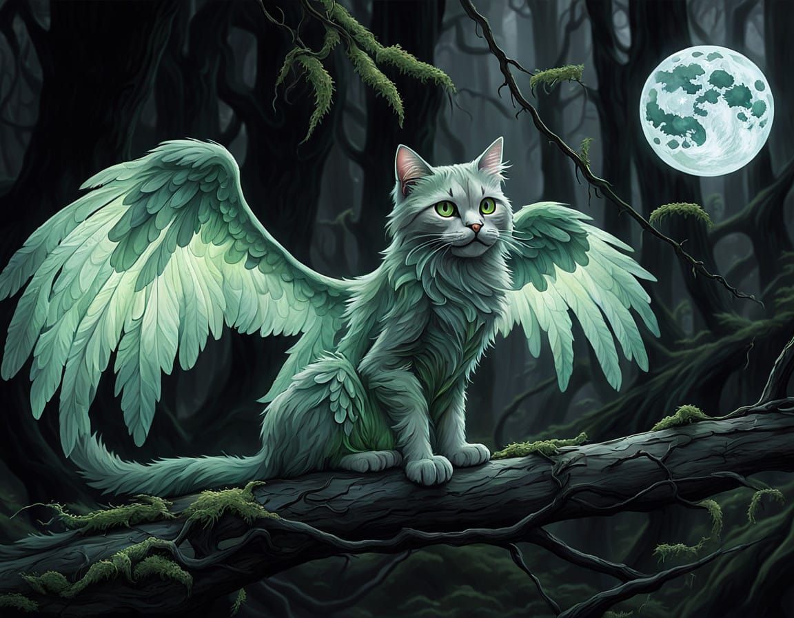 Majestic Emerald Cat with Angel Wings, Radiant in Dark Fores...