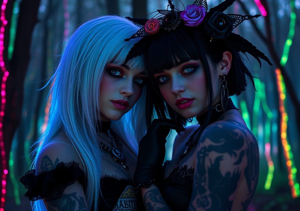 Albino Ebony Goth Girls in Enchanted Forest