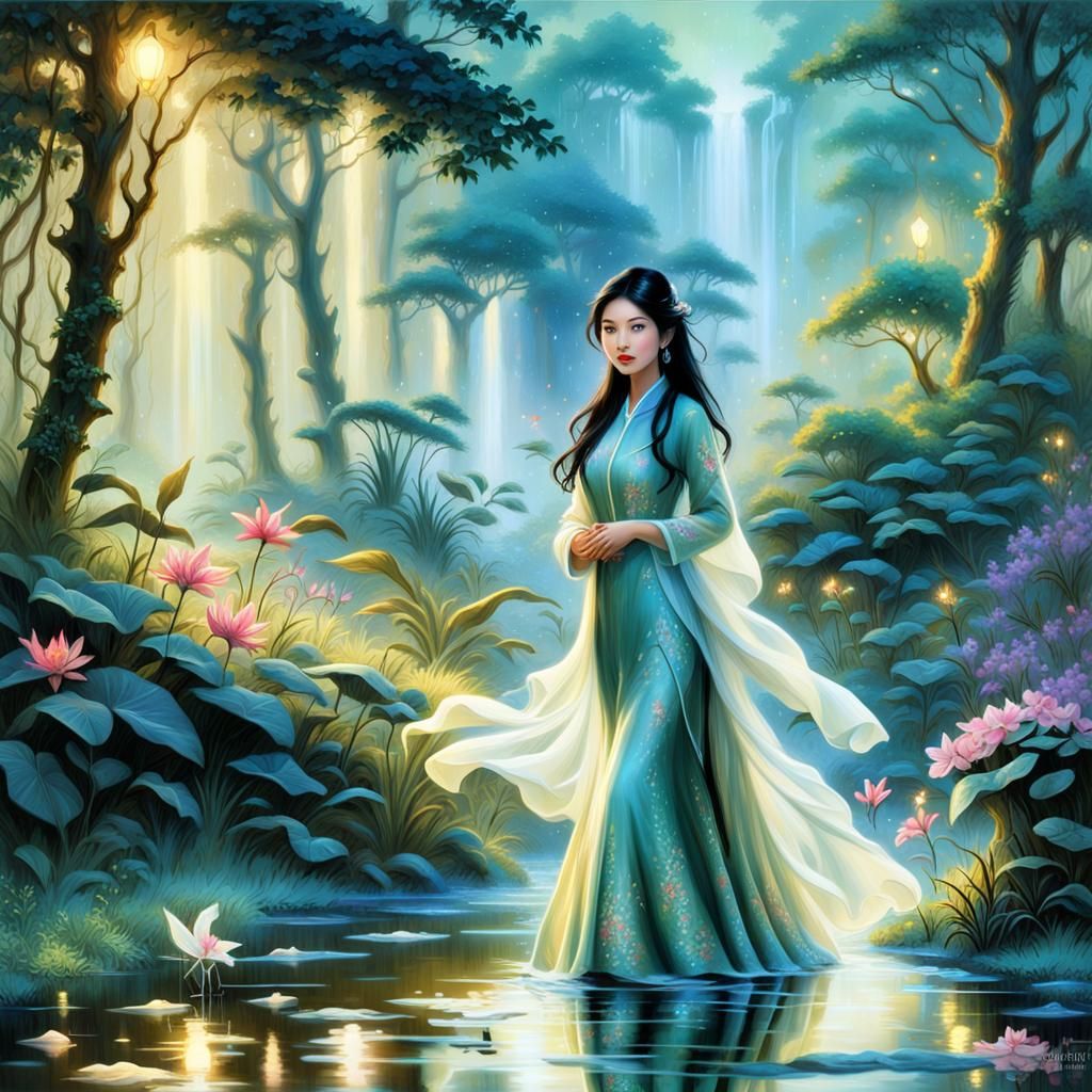 Vietnamese Woman in Ao Dai Strolling Jungle Stream