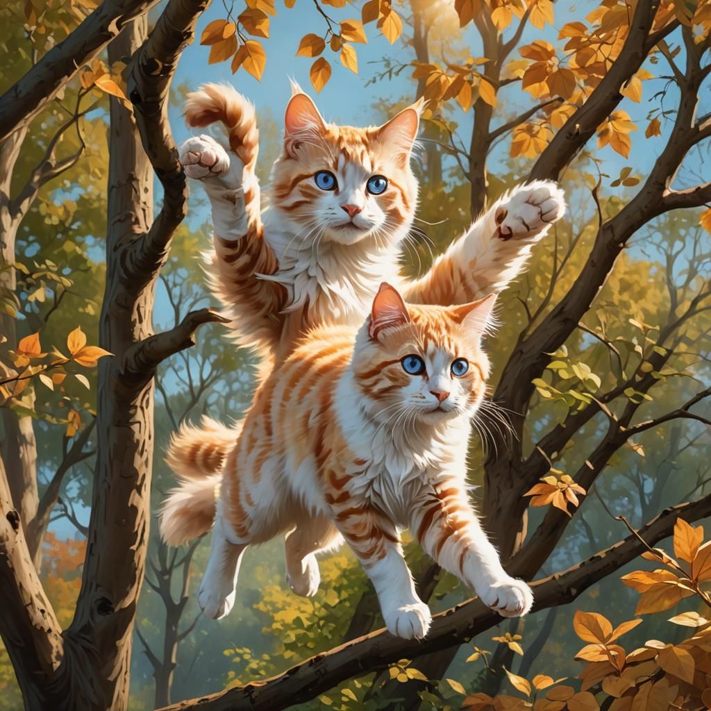 American Curl Cat Leaping from Tree: Digital Painting