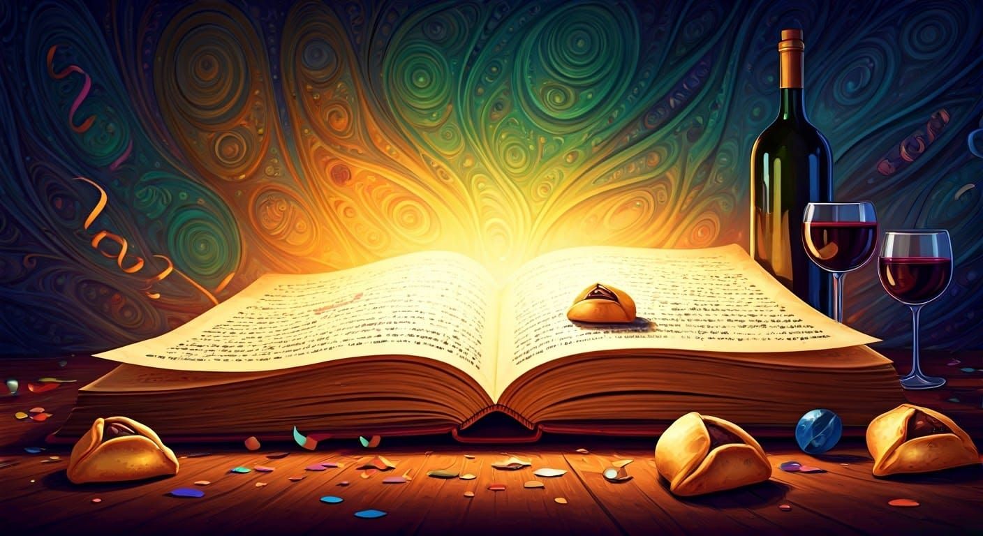 Whimsical Purim Celebration on Golden Parchment