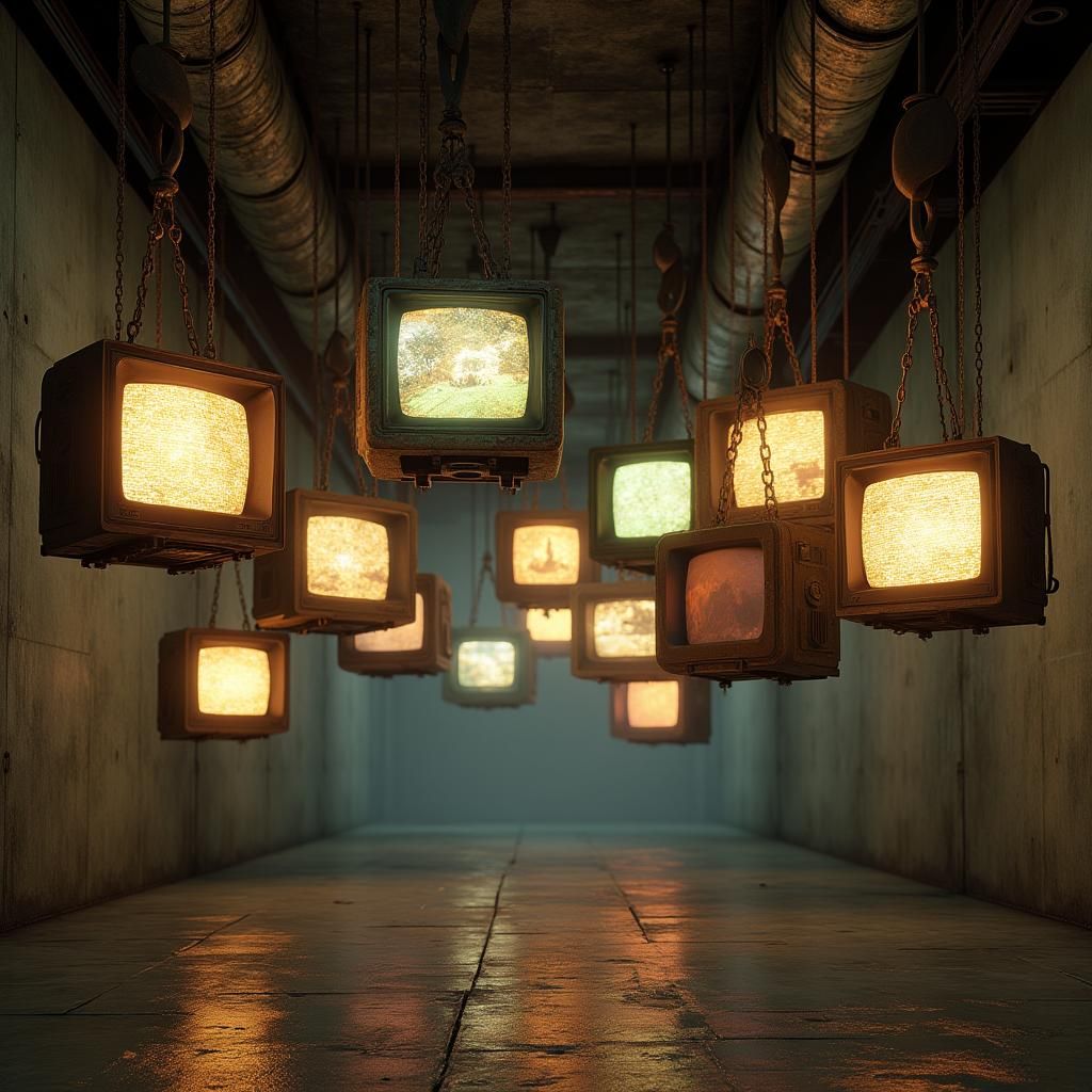 Vintage TVs in Industrial Setting, Fantasy Concept Art