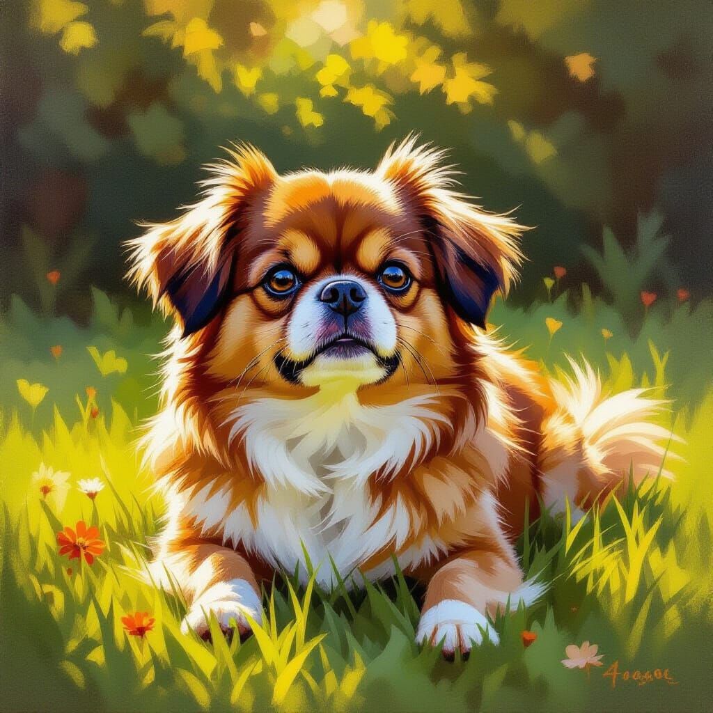 Charming Pekingese-like Dog in Sun-Dappled Yard Oil Painting