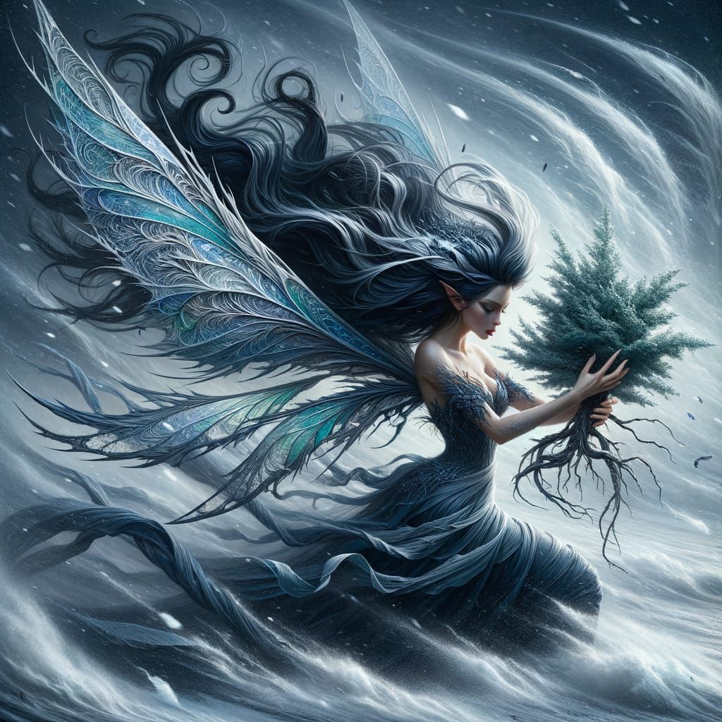 Faerie Saves Sapling in Winter Storm Painting