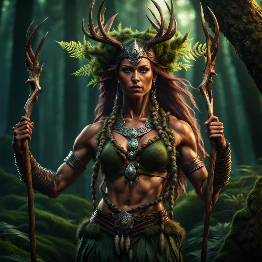 Wild Forest Spirit: Hyperrealistic Druid Action Shot