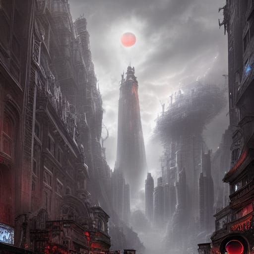 Eldritch Tower Descends Under Cracked Red Moon