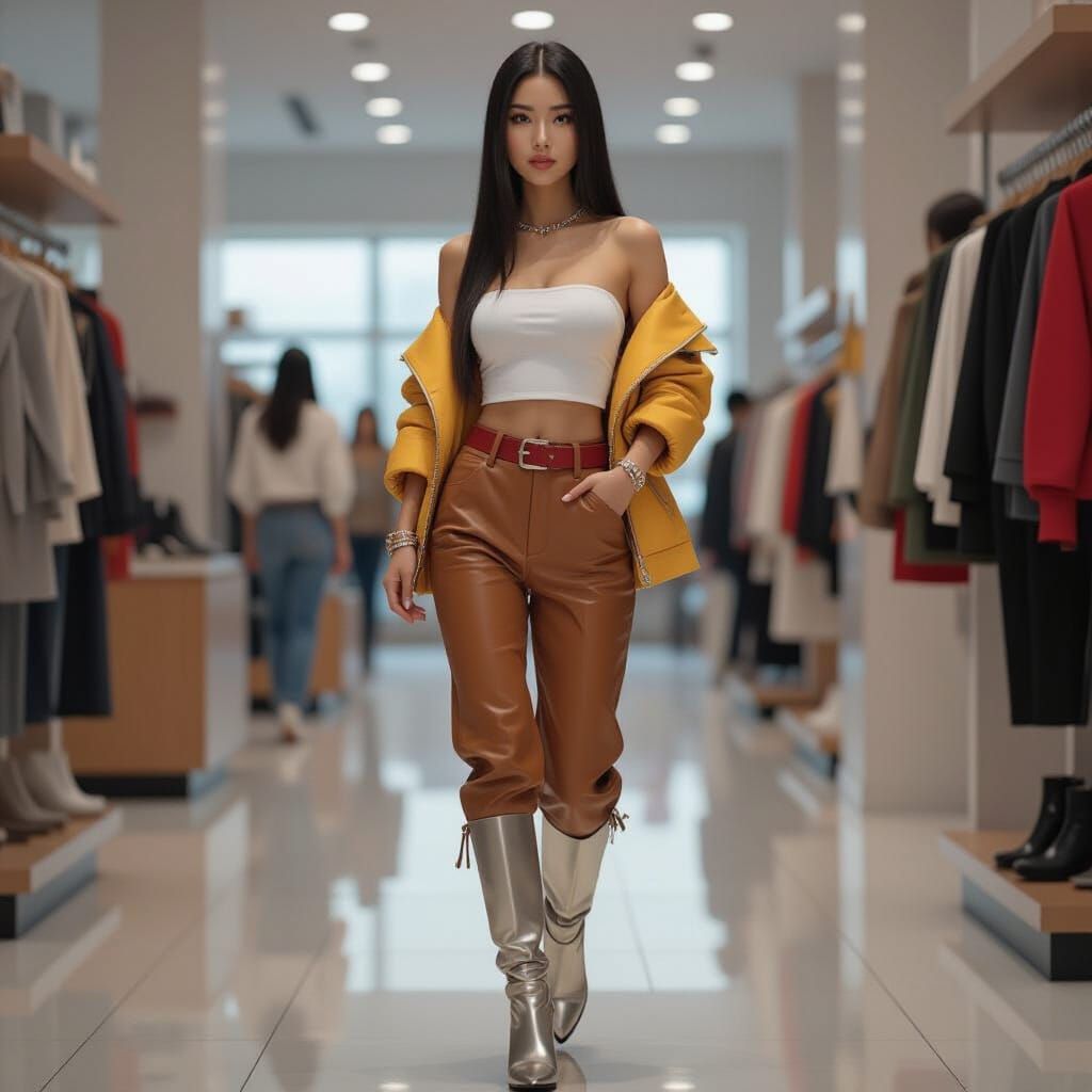 Asian Woman in Shoe Store: Hyperrealistic Digital Art