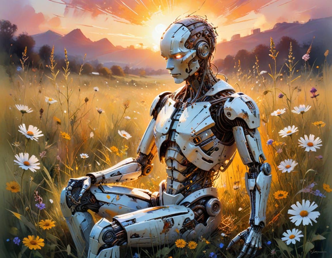 Cyborg Robot Meditates in a Meadow, Watercolor Style