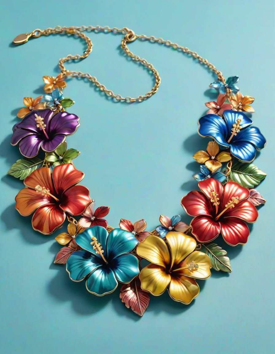 Metallic Hibiscus Gemstone Necklace: Hyperrealistic Art
