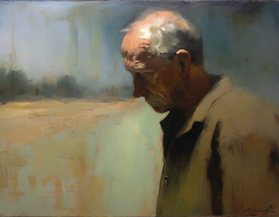 Sorrowful Figure in Oil Painting, Impressionist Style