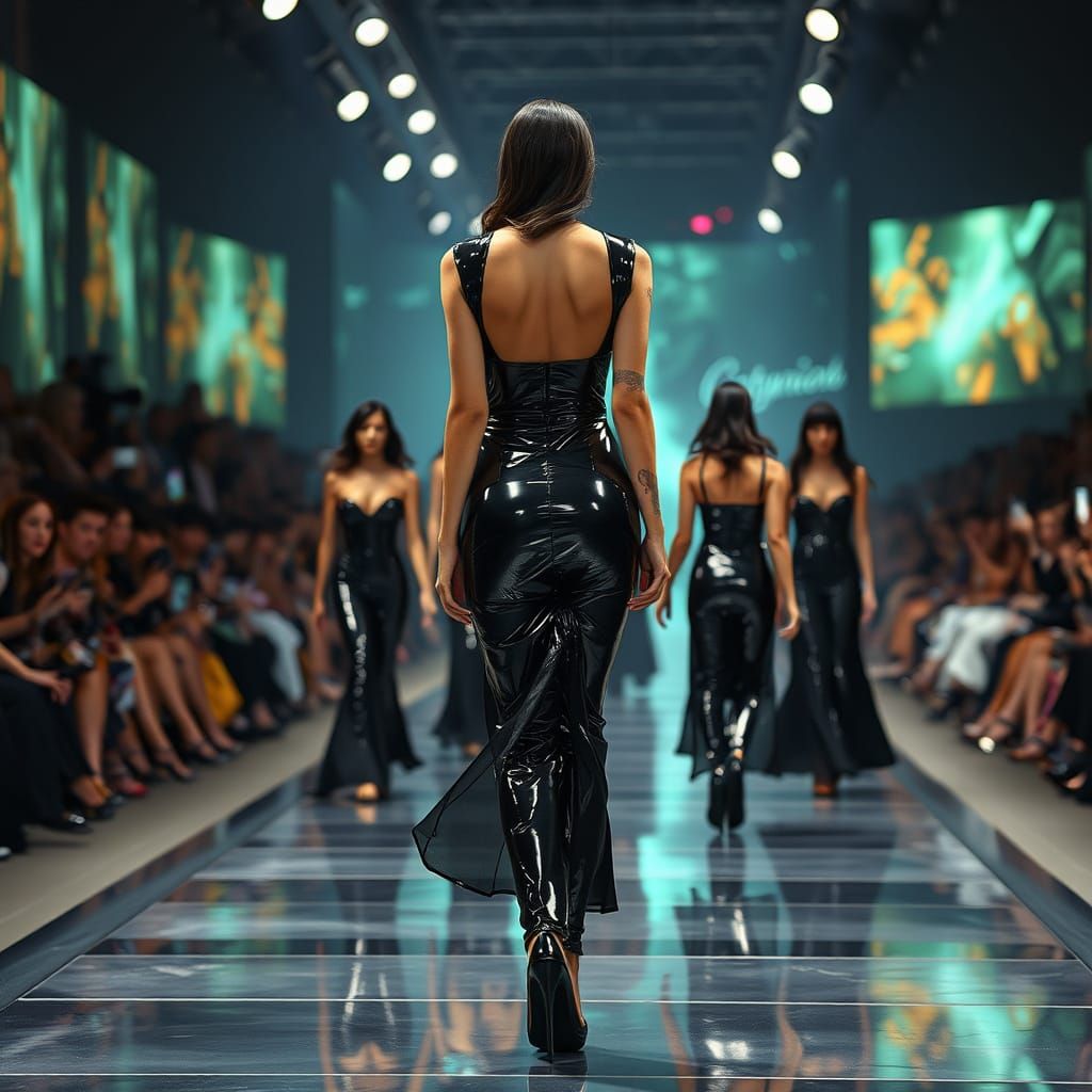 Sultry Supermodel Struts Catwalk in Shimmering Black Latex G...