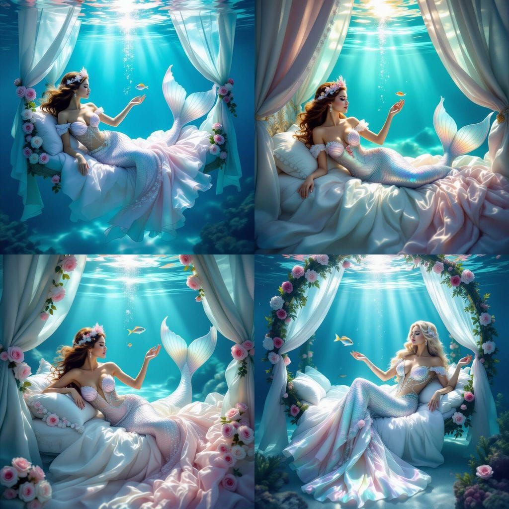 Elegant Mermaid Reclines in Glowing Underwater Palace