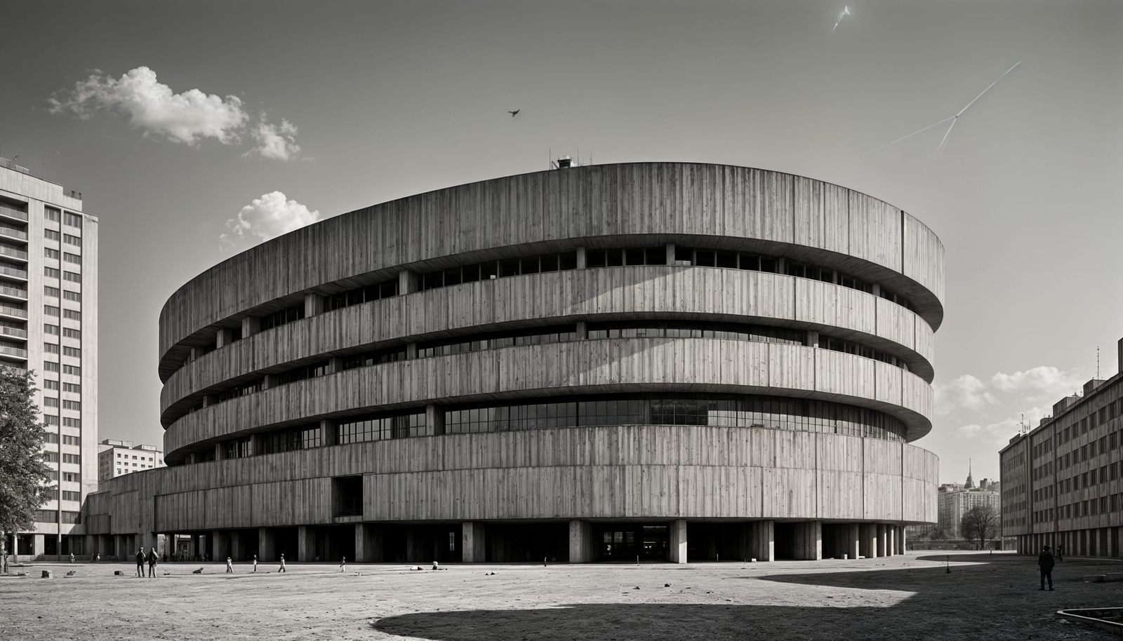 A Soviet style brutalist building with a sprawling, curved sci-fi design, designed to project the power of the Soviet go...