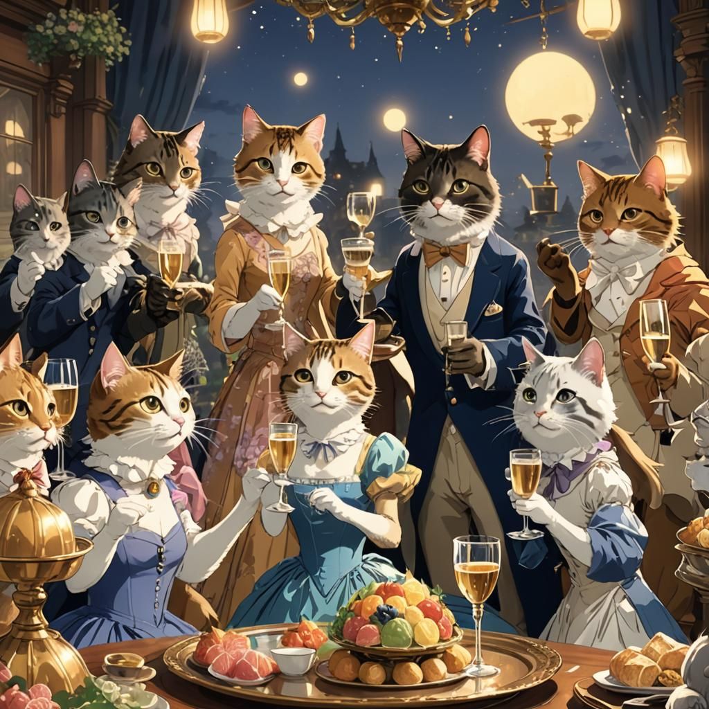 Cats in Ball Gowns Toasting Champagne: Ghibli Style
