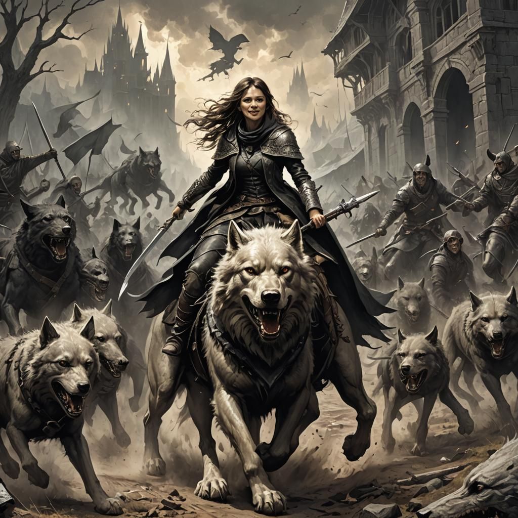 Girl Riding Dire Wolf on Battlefield, Horror Style