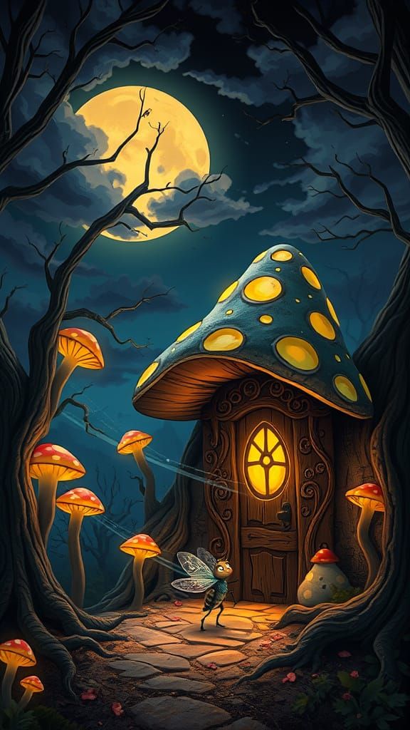 Whimsical Moonlit Forest Scene with Mushroom House and Tick-...
