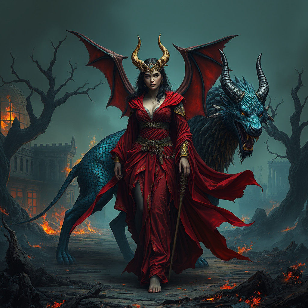 Demon and Hellhound in Dark Fantasy Landscape