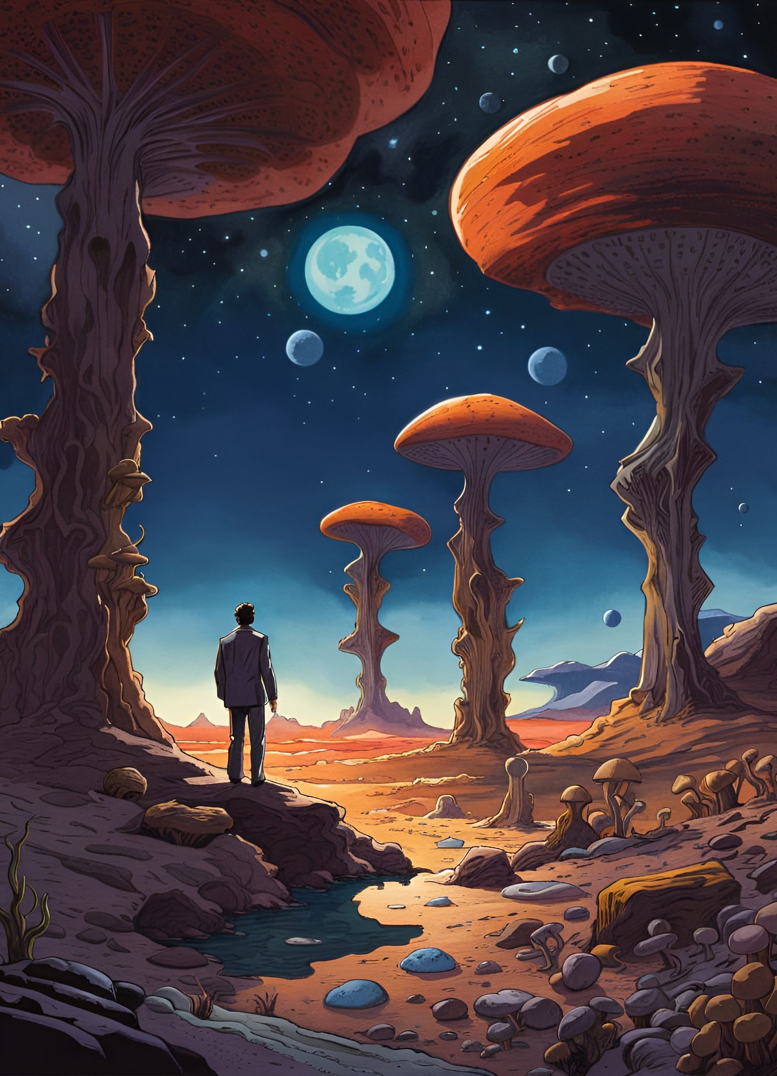 Noir Detective in Alien Desert Landscape