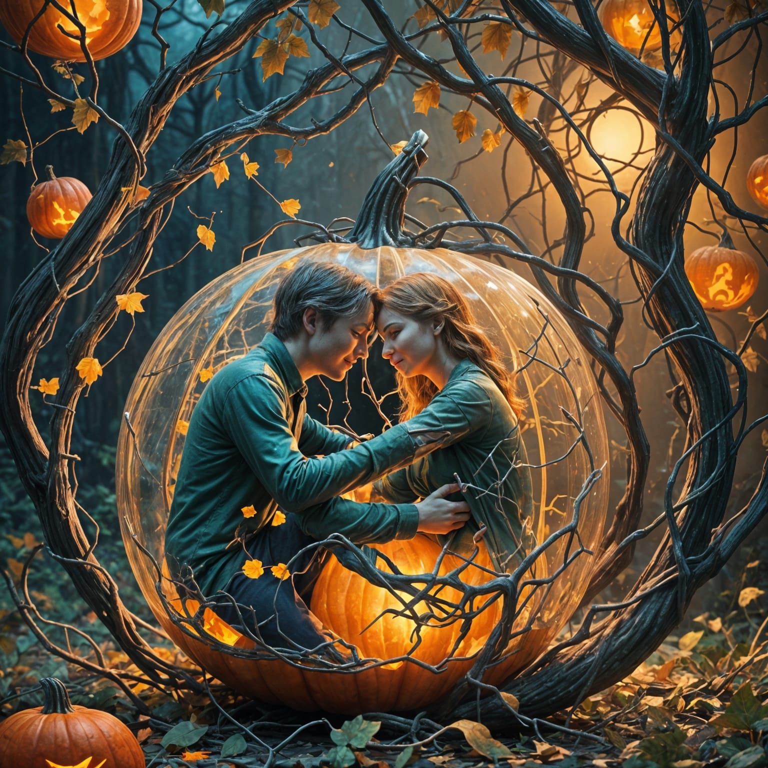 Couple Trapped in Glowing Pumpkin Fantasy
