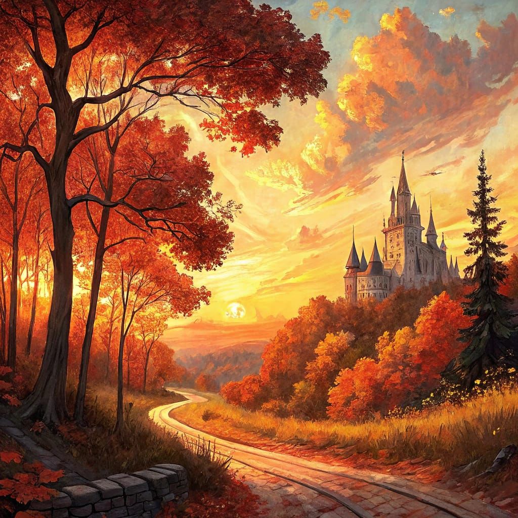 Autumn Forest Sunset with Castle, Impressionistic Style