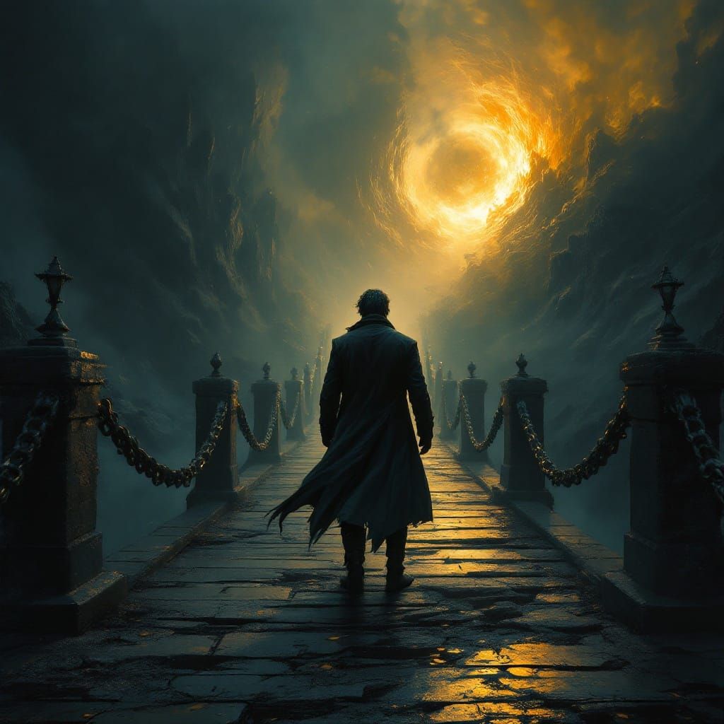 Man Divided by Darkness and Light in Fantastical Bridge Scen...