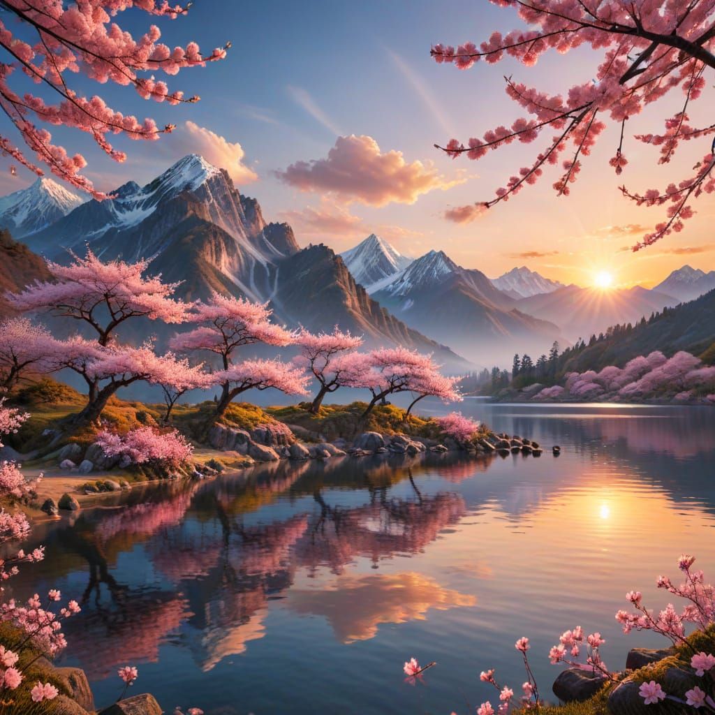 Cherry Blossom Trees at Lake Sunset