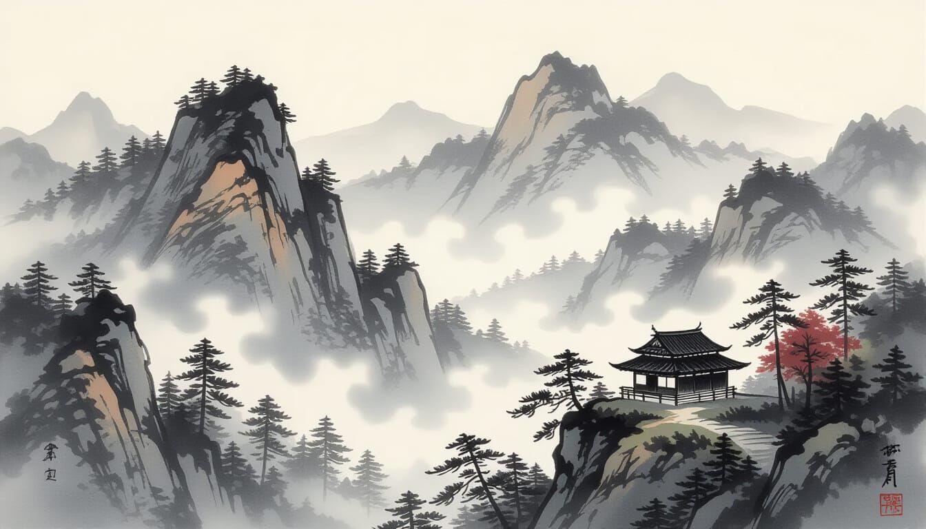 Japanese Ink Wash Painting of a Misty Mountain Chalet