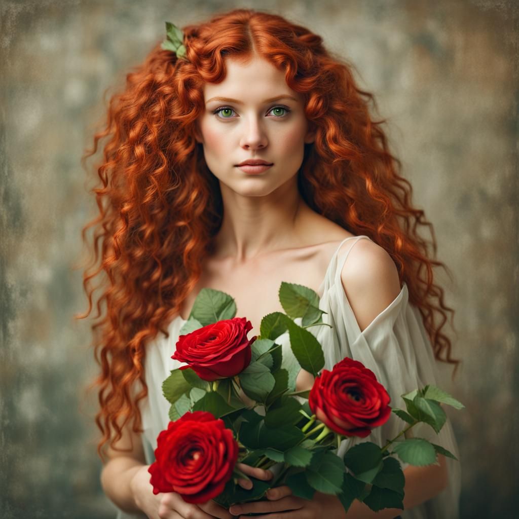 Beautiful Greek Girl with Red Hair and Roses