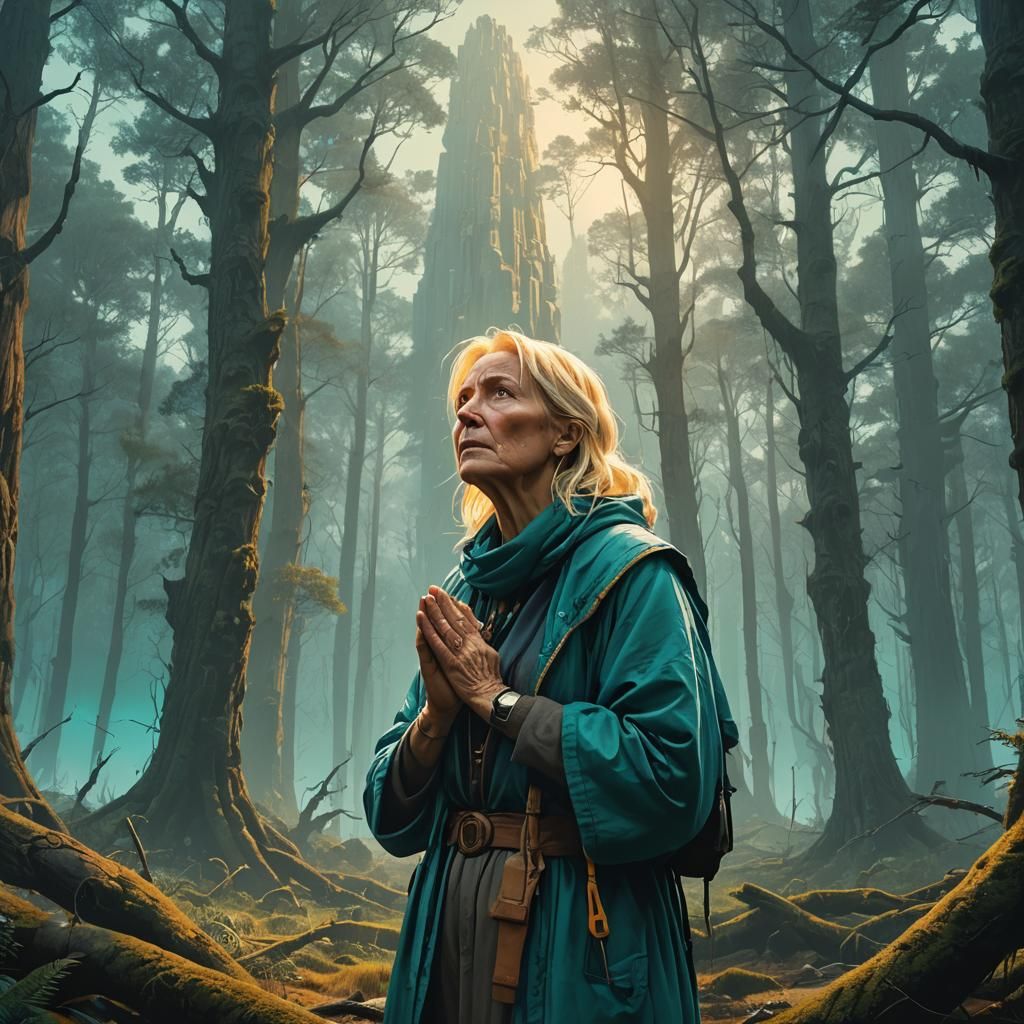 Woman's Defiant Prayer in Mystical Forest as Matte Painting