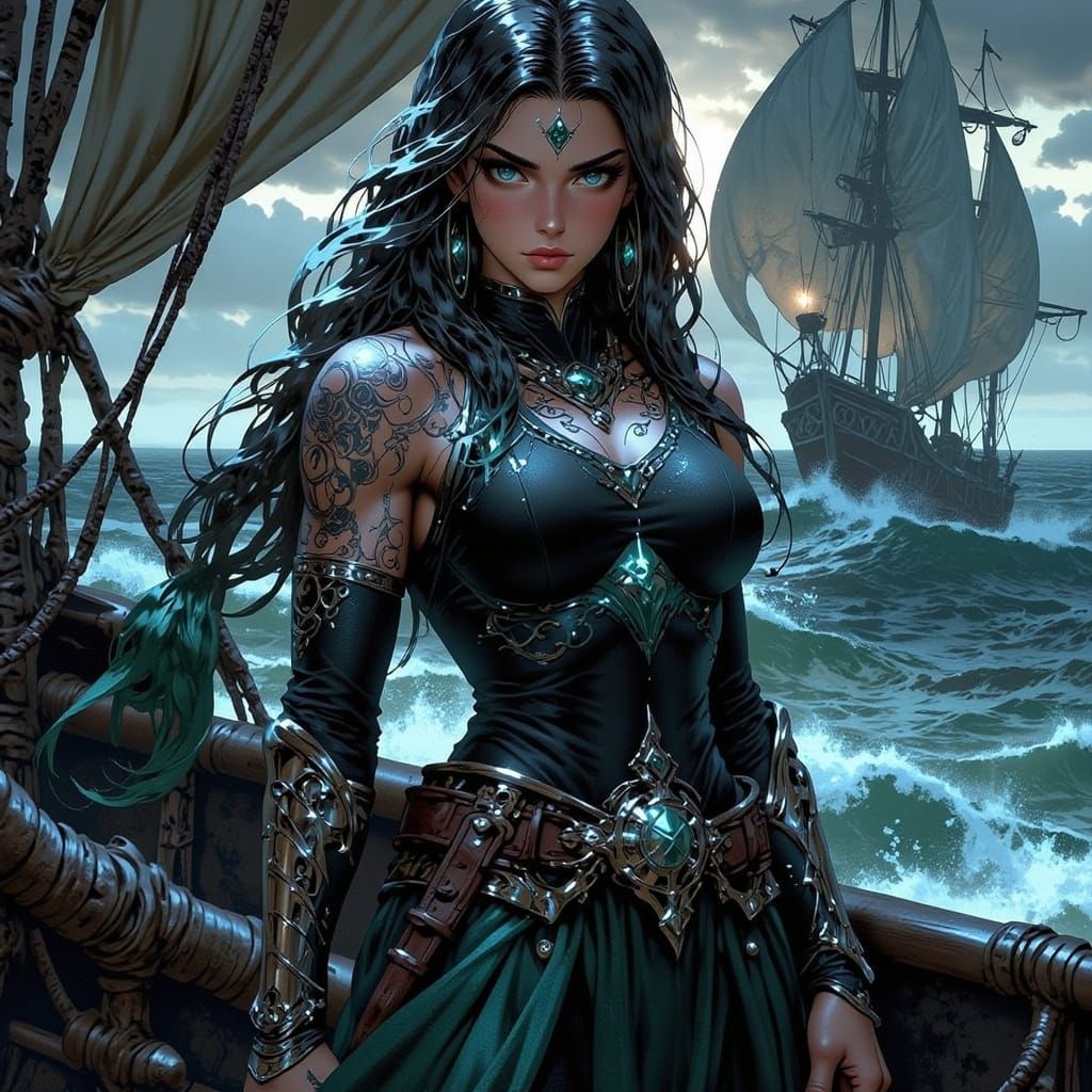 Stoic Elf Woman Warrior in Stormy Seas