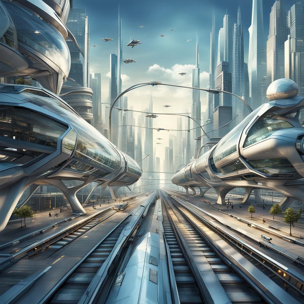 Futuristic Cityscape with Elevated Walkways and Rail Transit