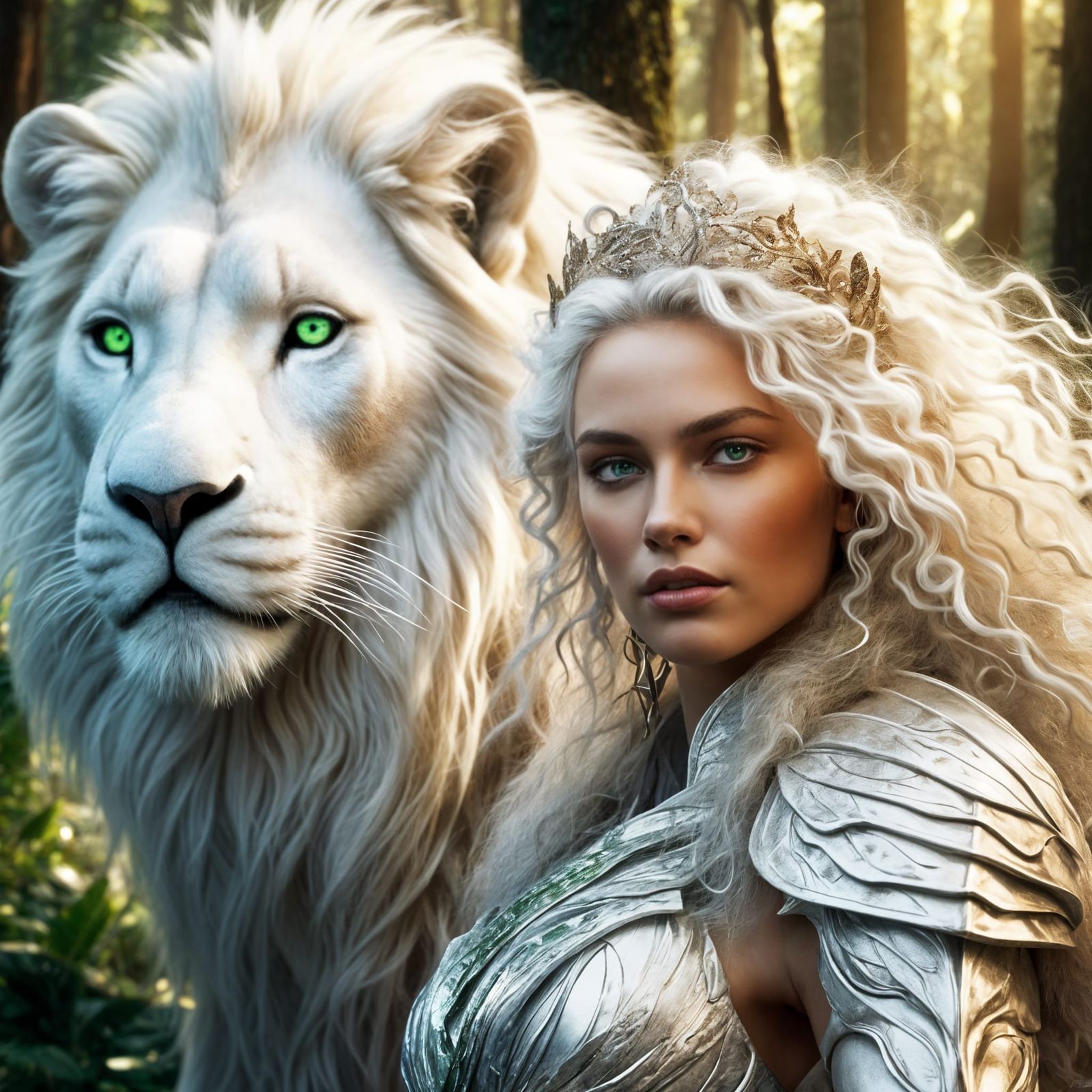 Divine Warrior Princess with Lion in Ethereal Forest