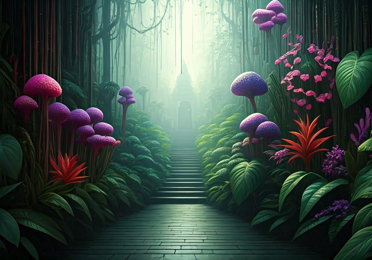 Enchanted Jungle with Ancient Temples in Surreal Style