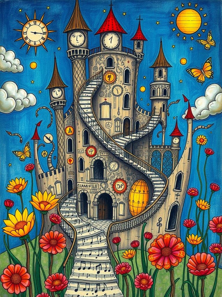 Surreal Art Brut Castle with Whimsical Details and Vibrant C...