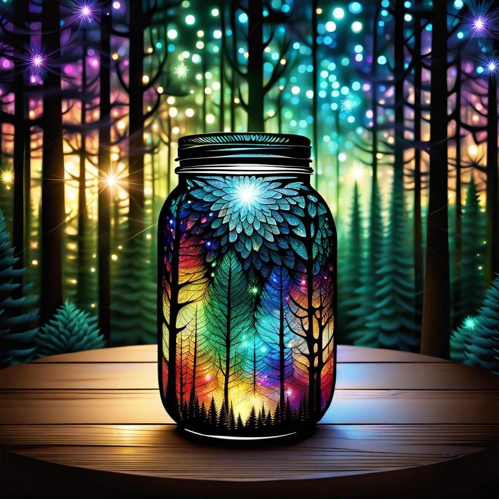 Sparkling Mason Jar in Forest with Lights