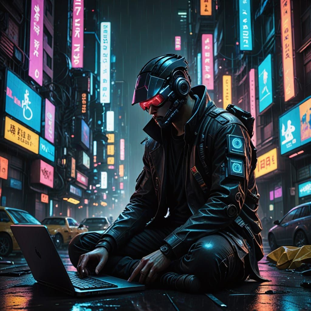Cyberpunk Cityscape: Hacker in a Neon-Lit World