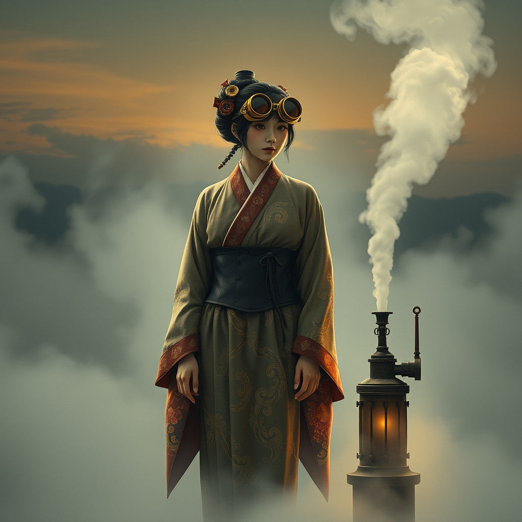 Steampunk Geisha in Mystical Fog, Anime Style