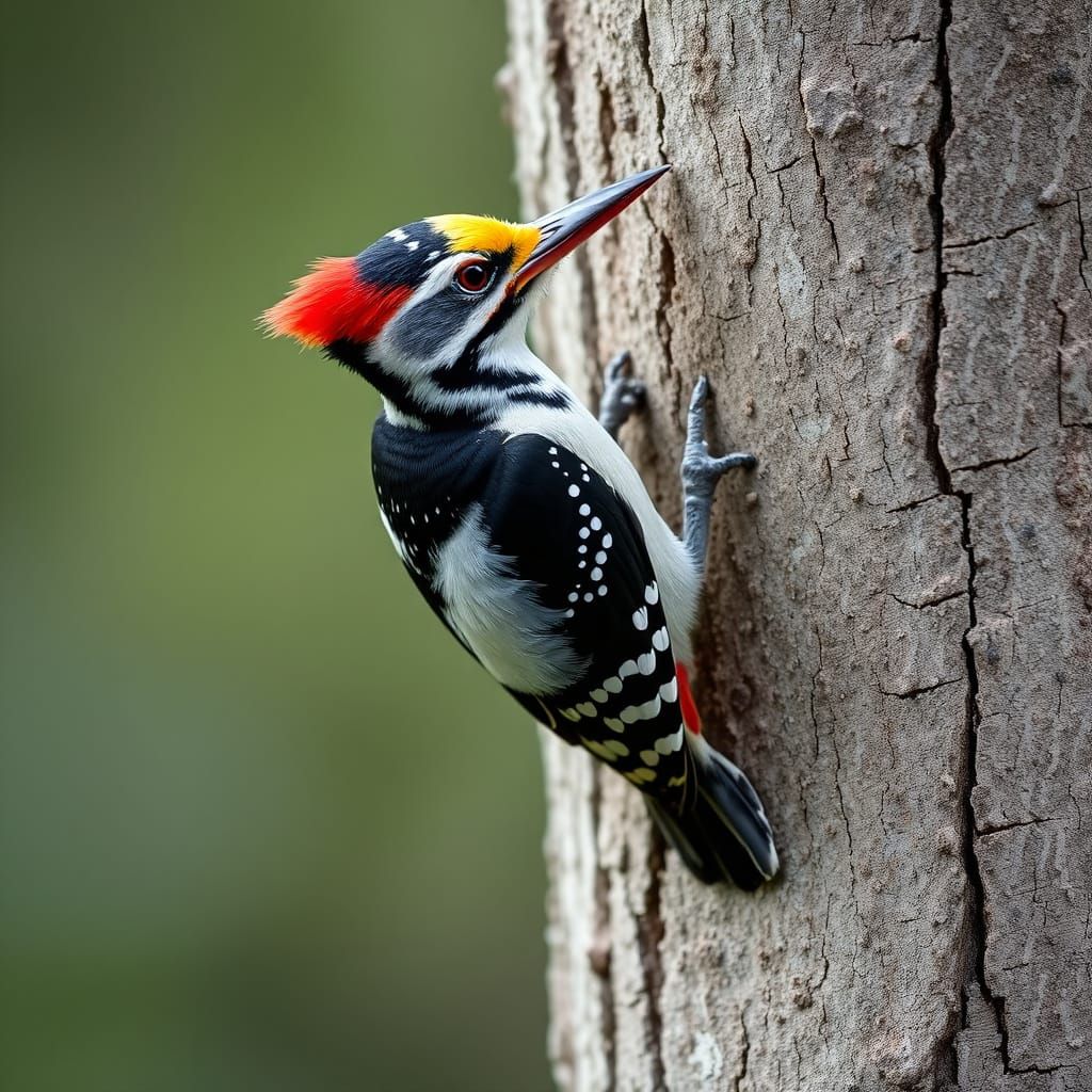 Woodpecker on Tree Trunk in Naturalistic Style
