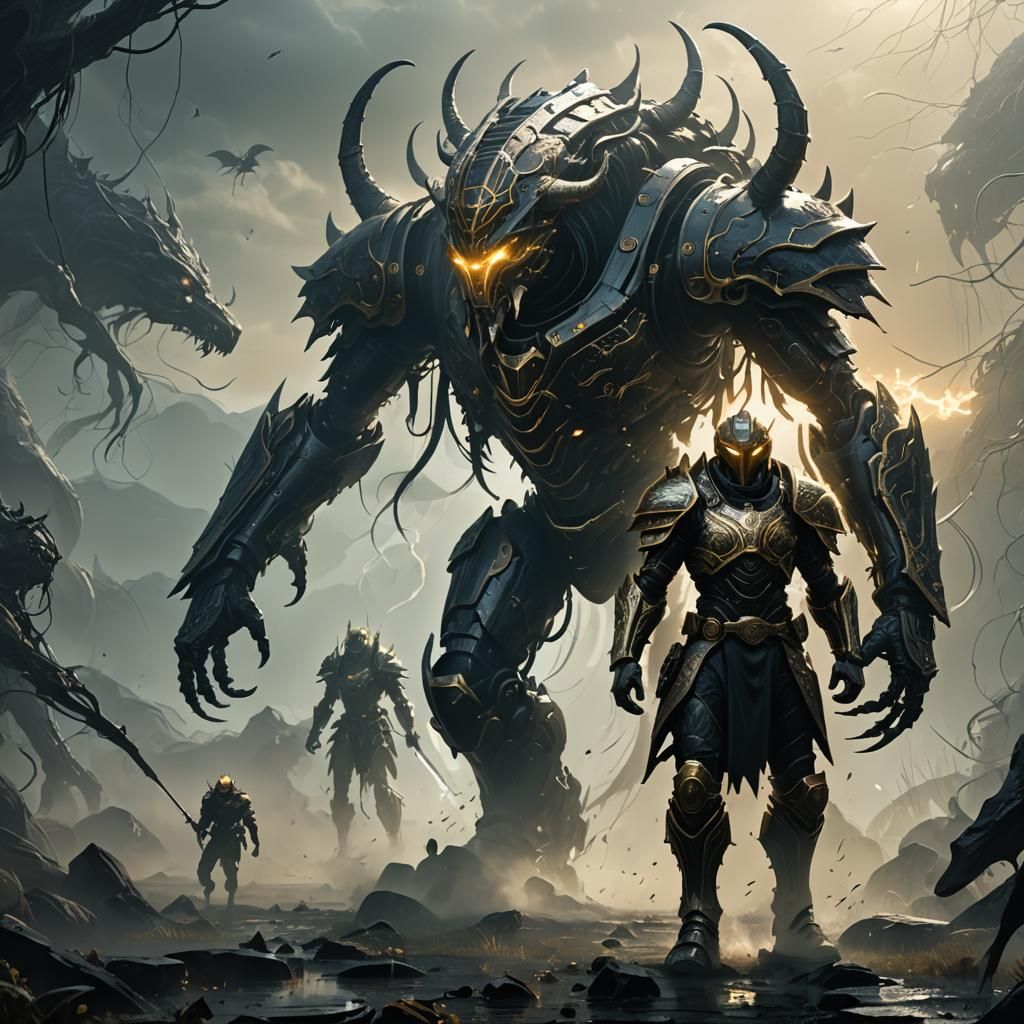 Sci-Fi Warrior Confronts Eldritch Beast in Epic Battle