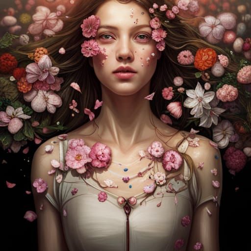 Dreamy Woman Covered in Flowers: Hyperdetailed Art