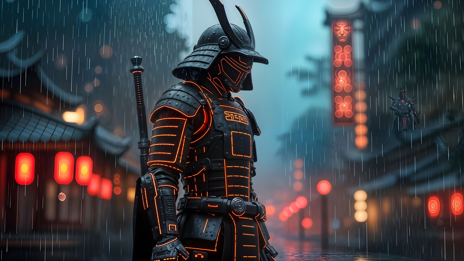 Glowing Samurai Warrior Emerges from the Rain in Neon Armor