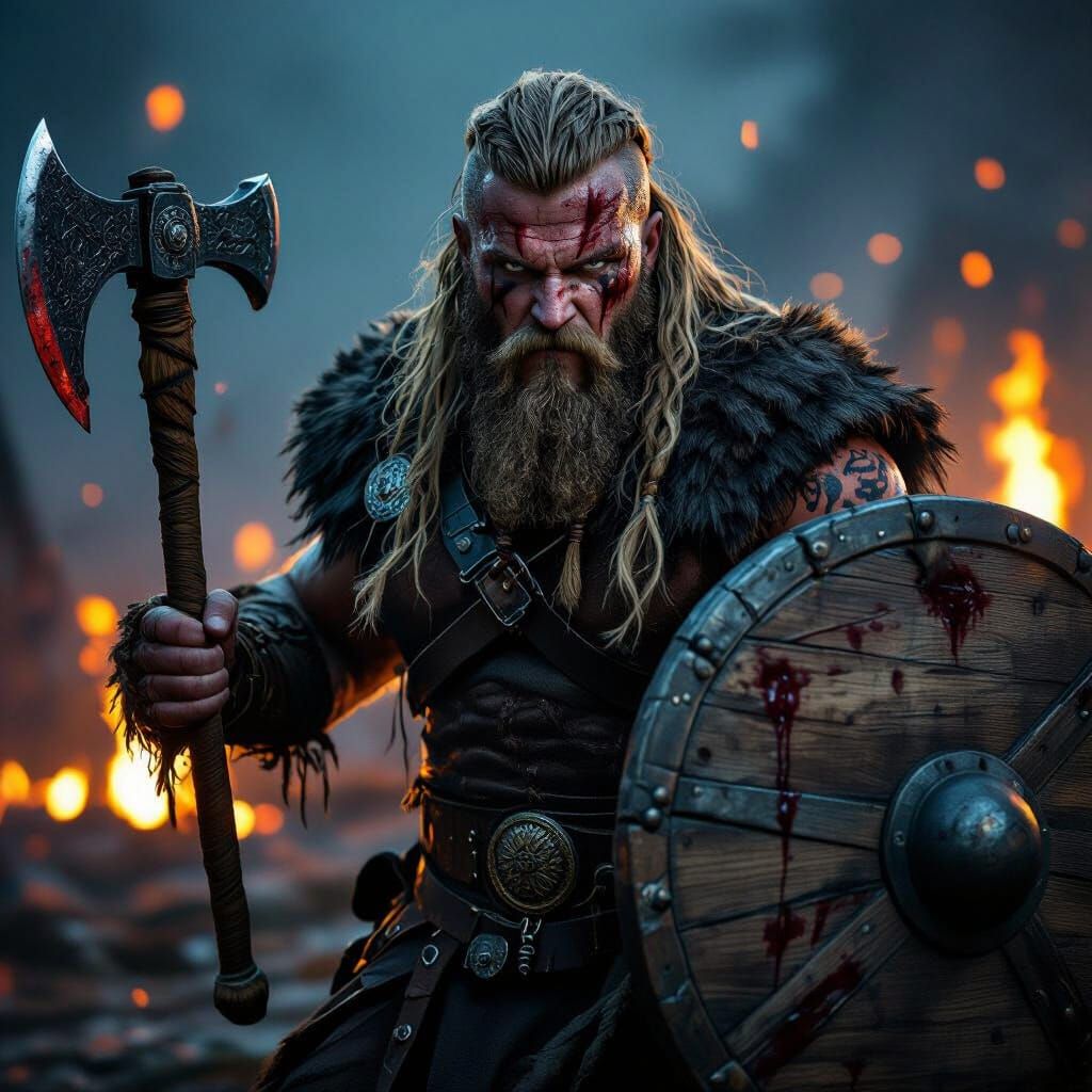 Muscled Viking Warrior in Fierce Night Battle