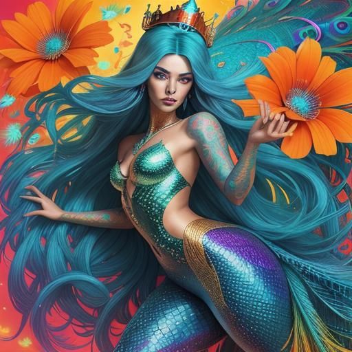 Mermaid with Peacock Tail in Dreamlike Psychedelic Style