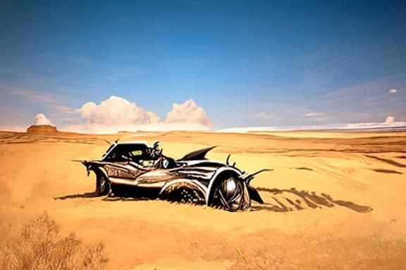 Batmobile Races Across Desert in Comic Book Art