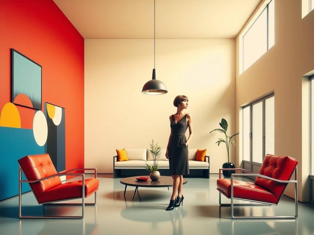 A Woman in Minimalist, Hyper-Realistic 1920s-Style Living Sp...