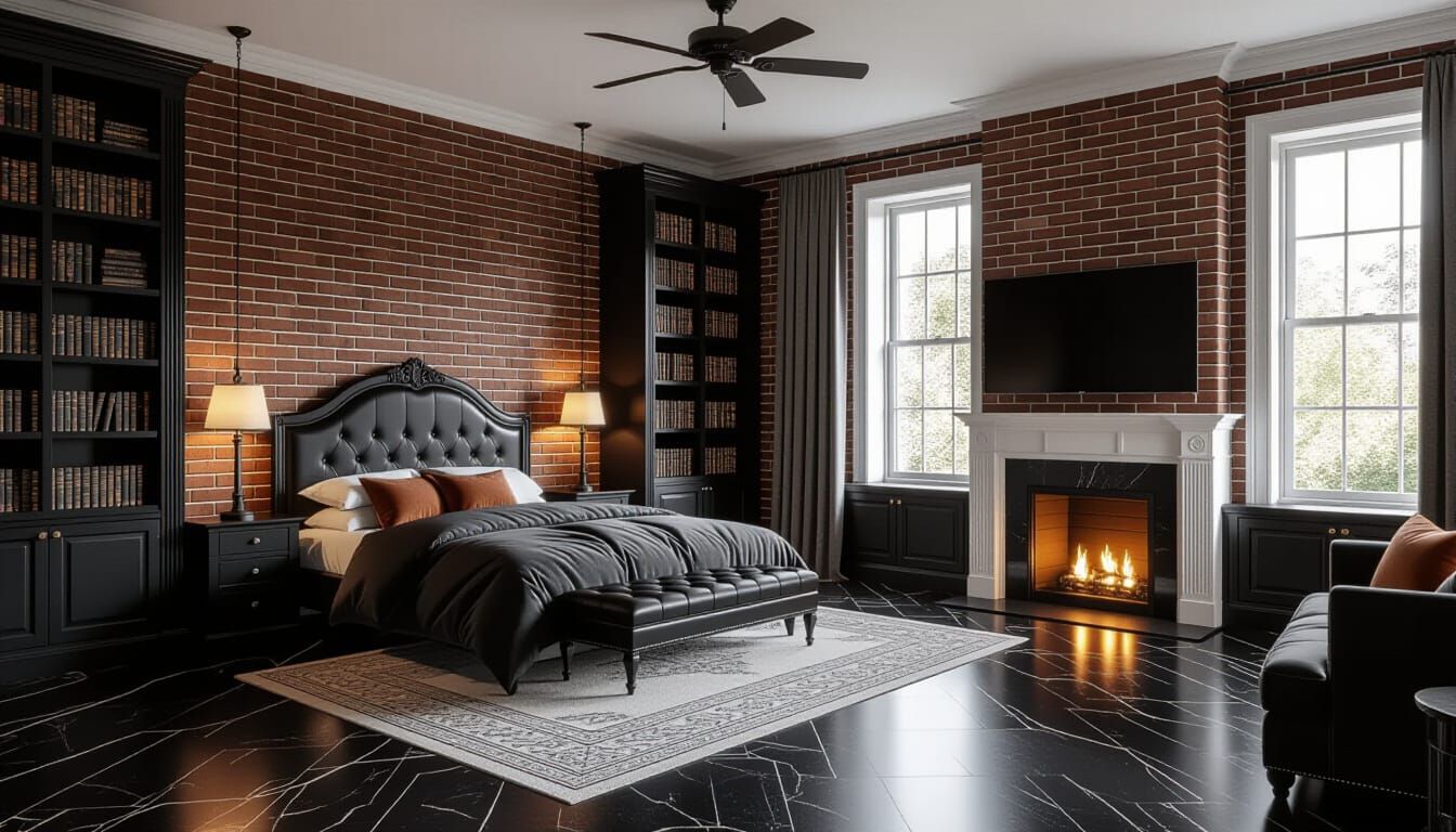 Victorian Bedroom with Fireplace and Bookshelves
