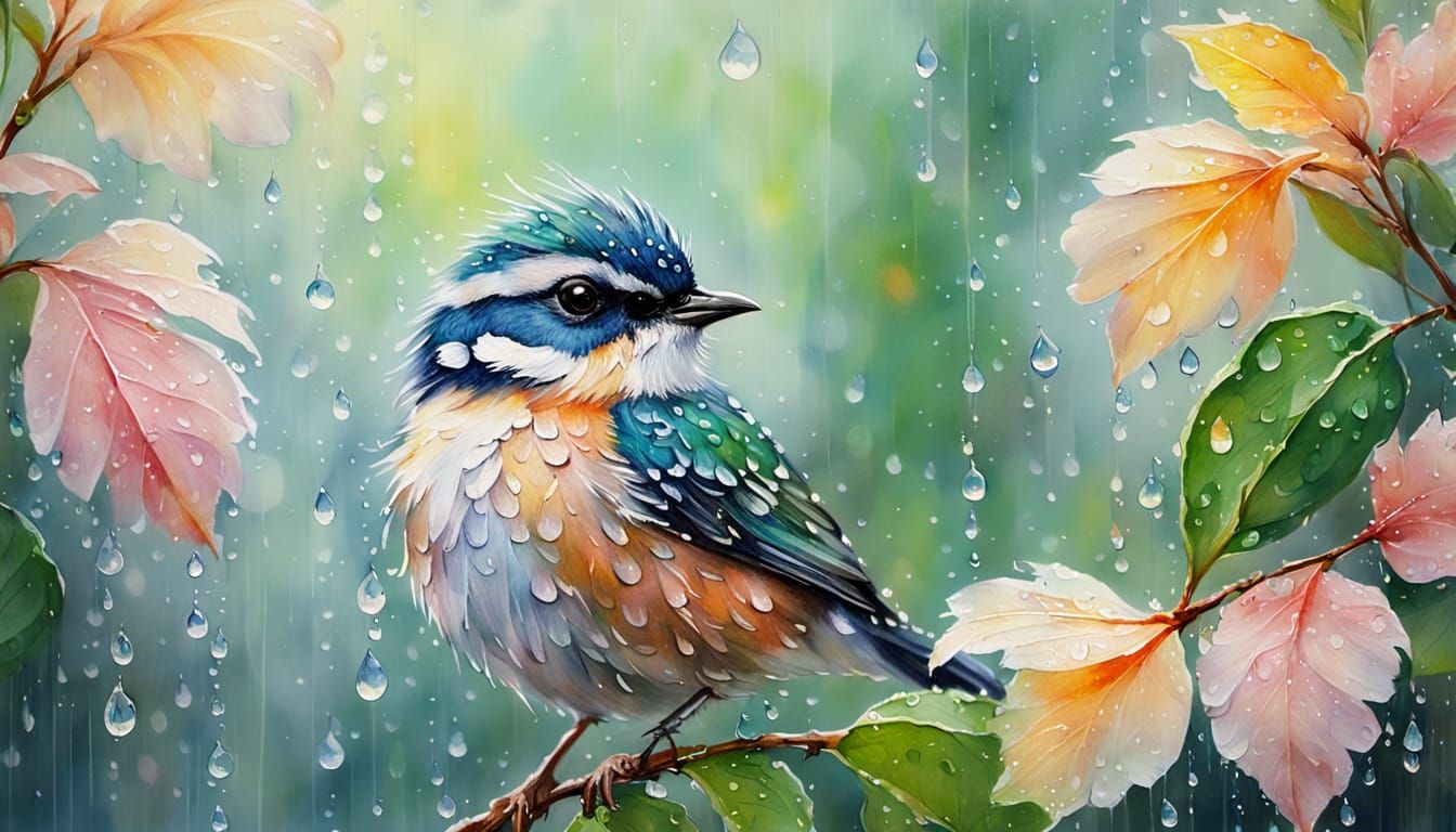 Impressionist Bird Bathing in Raindrops
