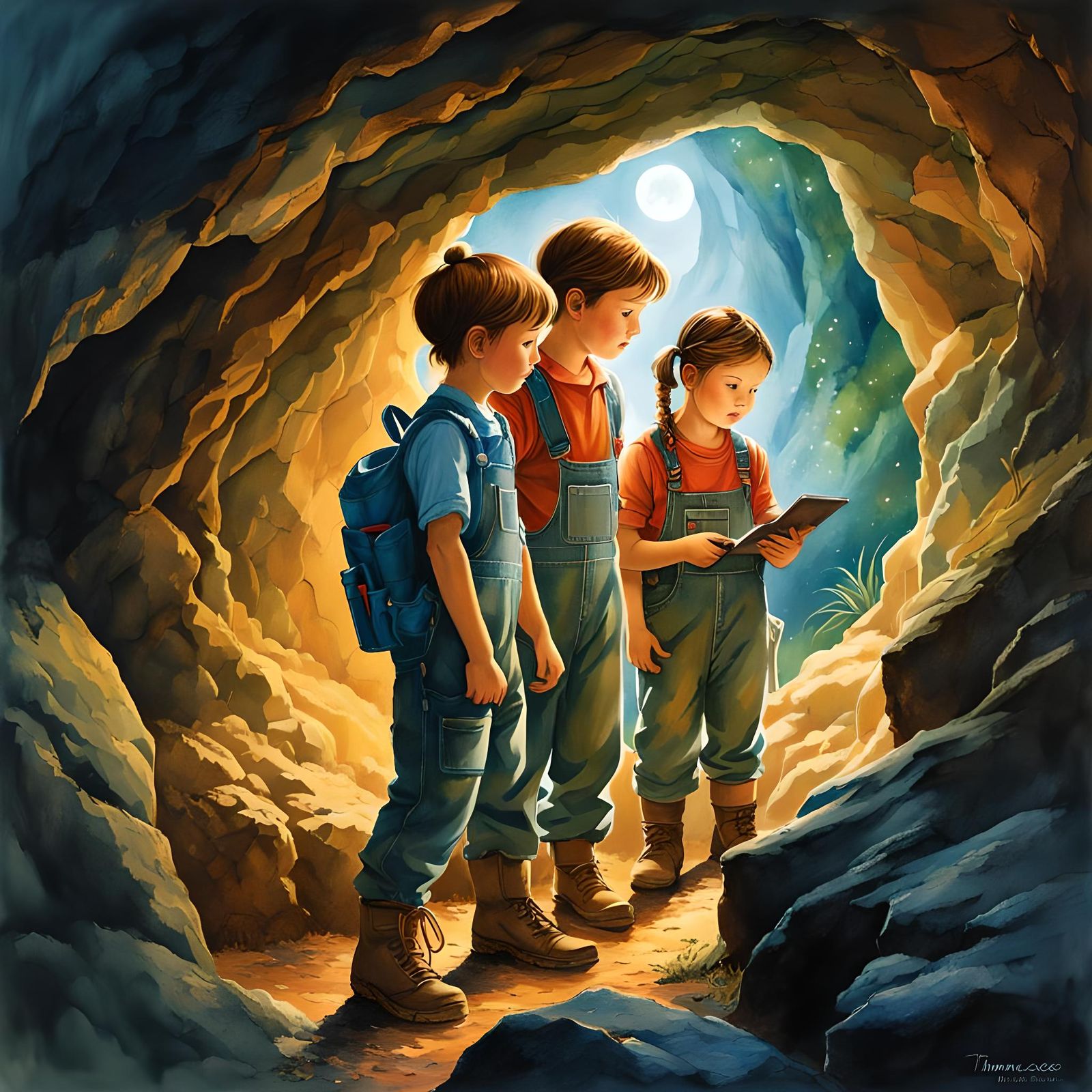 Children's Book Illustration of Cave Exploration